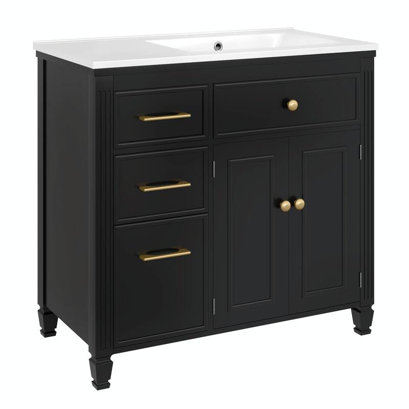 36" Bathroom Vanity with Sink, Ceramic Sink, One Tip-out Drawer, 3 Side Drawers