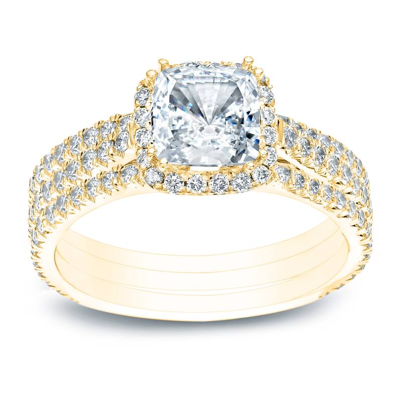Auriya 2 2/5ctw Cushion-cut Halo Diamond Engagement Ring 3pc Set 14k Gold