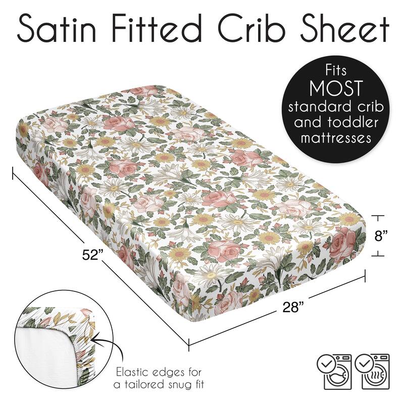 Sweet Jojo Designs Vintage Floral Boho Girl Satin Fitted Crib Sheet Blush Pink Bohemian Shabby Chic Farmhouse Sage Green White