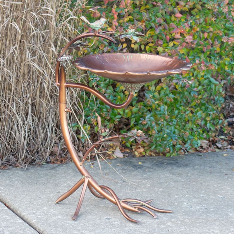 Copper Scallop Edge Birdbath with Branch Stand - 19.75"x16.5"x27"