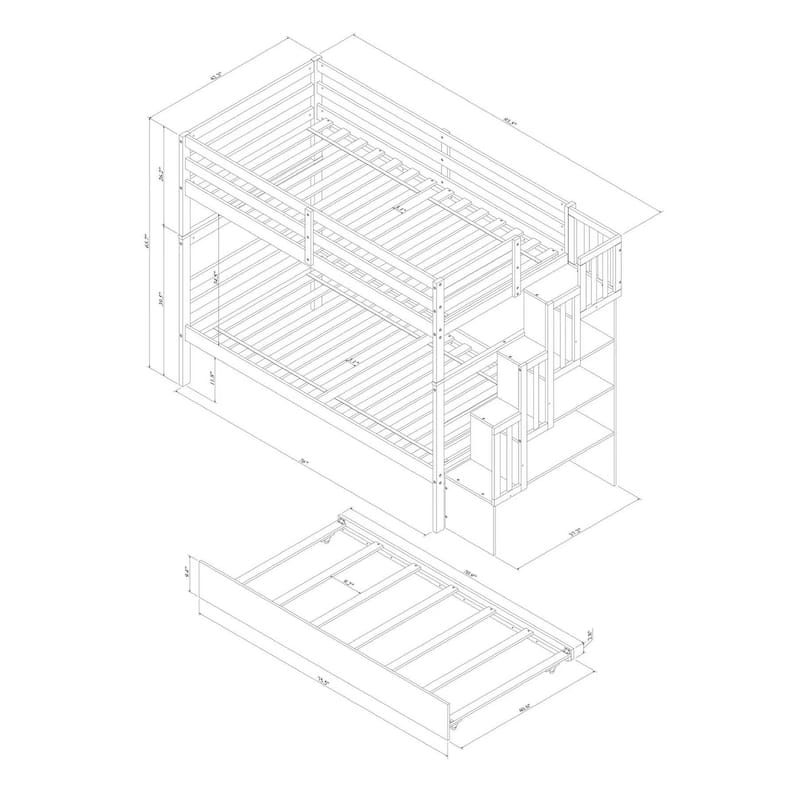 Gray Twin over Twin Bunk Beds with Twin Trundle and Stairway Storage Function