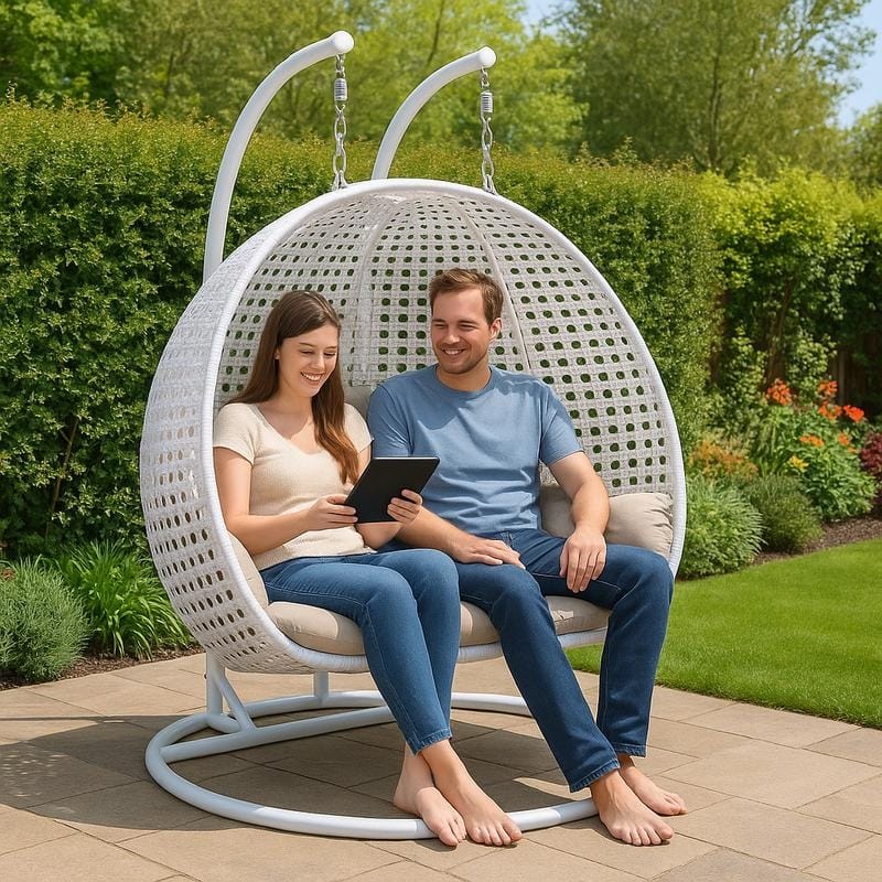 LeisureMod 2-Person Hanging Egg Swing Full Outdoor Wicker Patio Swing Lounger Chair with Stand & Cushions