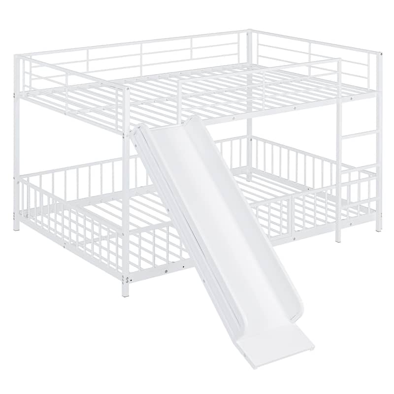 White Full over Full Size Metal Bunk Bed with Slide and Guardrails for Kids, Boys and Girls, Bedroom
