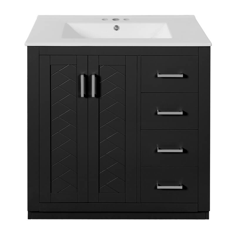 Bathroom Vanity with Ceramic Sink, Vanity Set with 3 Drawers and Doors, Bathroom Storage Cabinet with Solid Wood Frame