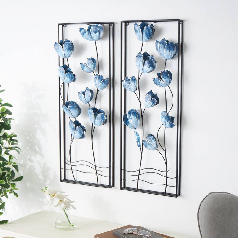 Blue Metal Floral Living Room Wall Decor with Black Metal Stems and Frame (Set of 2)