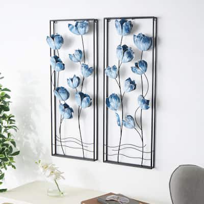 Blue Metal Floral Living Room Wall Decor with Black Metal Stems and Frame (Set of 2)