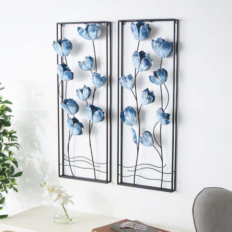 Metal Floral Living Room Wall Decor with Black Metal Stems and Frame - Set of 2 Blue - Roche River Decor