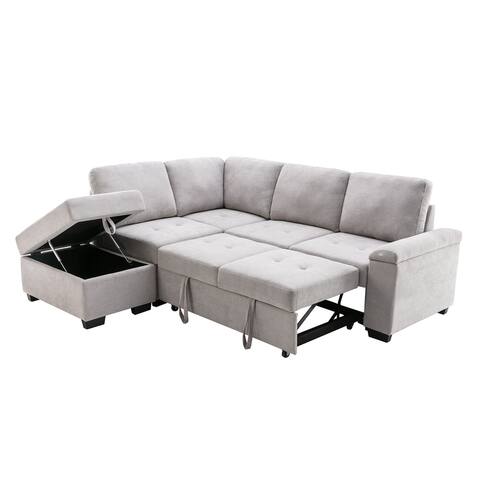 Sleeper Sectional Sofa L-shape Corner Linen Sofa-bed with Storage Ottoman & Hidden Arm Storage, Ergonomic backrest Design