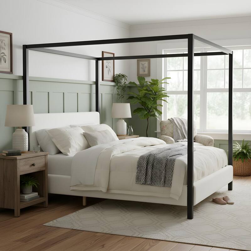Christopher Knight Home - Mid-Century Modern Bouclé Upholstered Metal Canopy Bed Frame with Padded Headboard