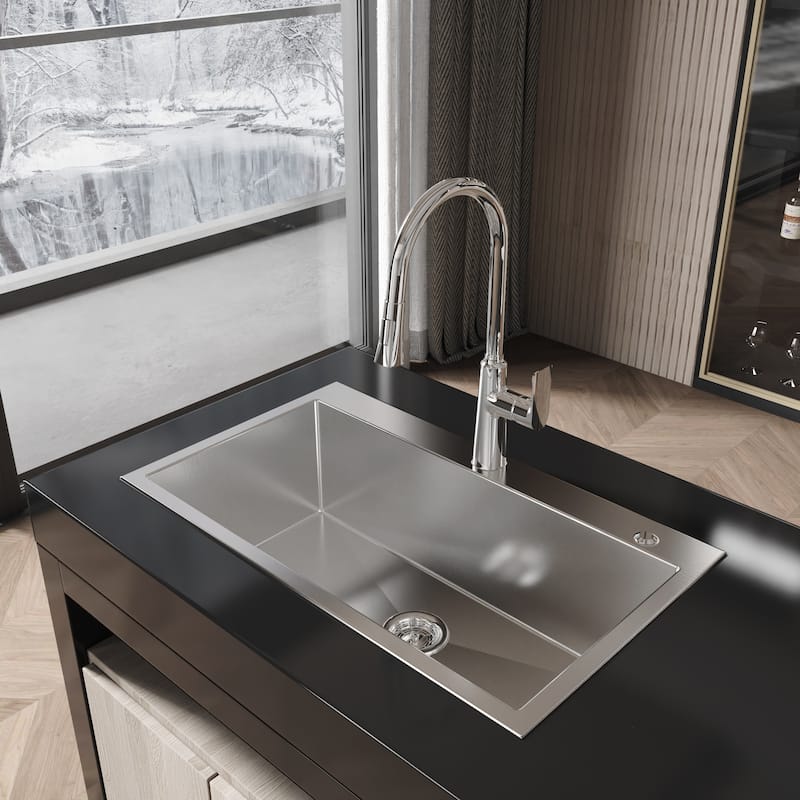Dark Gray 32 Inch Single Bowl Overmount Kitchen Sink 304 Stainless Steel Brushed Satin Finish with Lift and Turn Drain