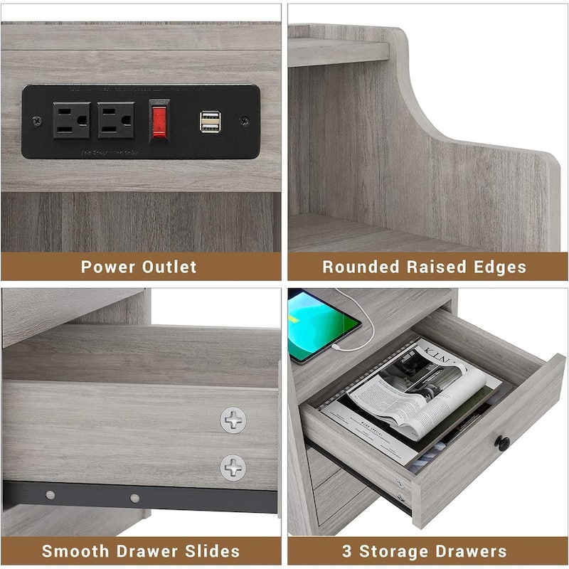 Small Nightstand 3 Drawers Charging Station End Side Table