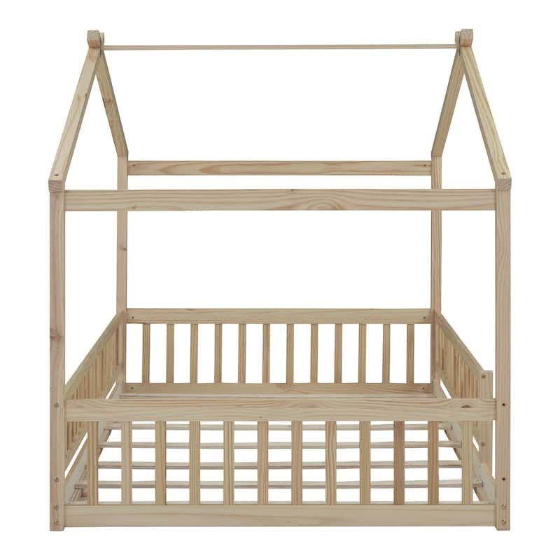 Wooden Full Size House Bed with Fence, Playhouse Design