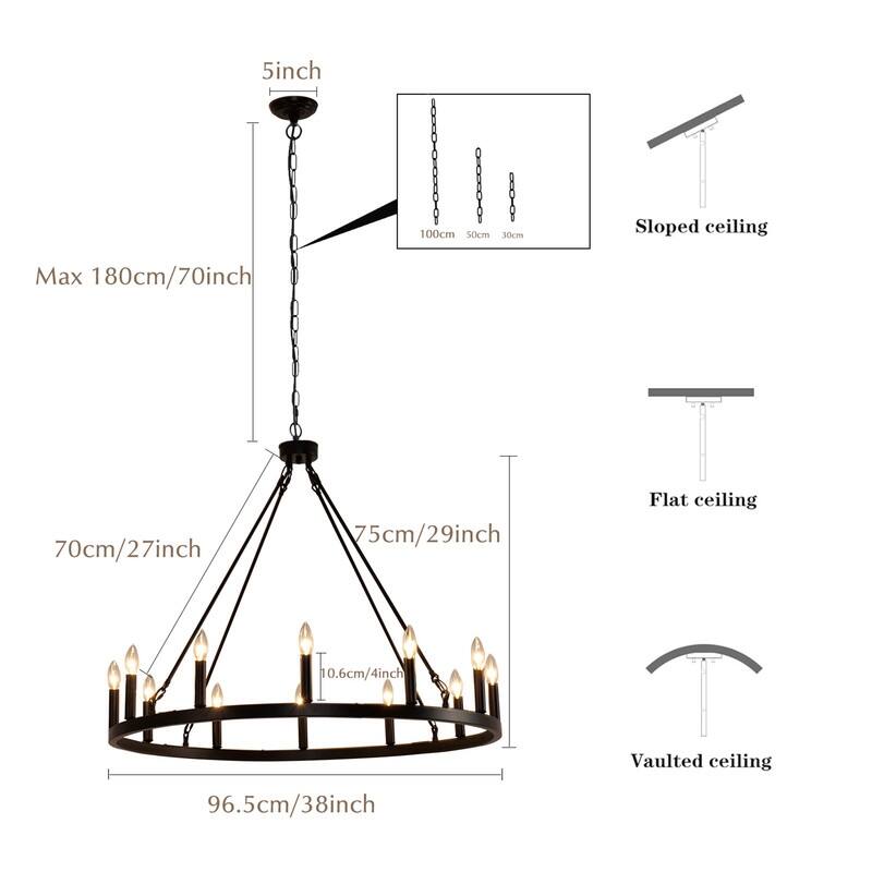 12-Light Wagon Wheel Chandelier 38" Black Farmhouse Round Chandeliers - 38inch