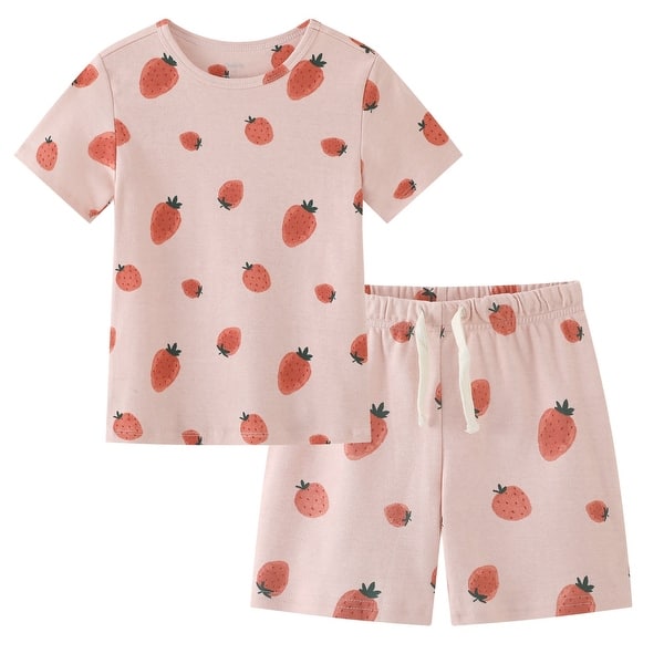 slide 2 of 4, 100% Organic Cotton Toddler Summer 2 Piece short sleeve Pajama Set - Pink Strawberry 12-24 Months