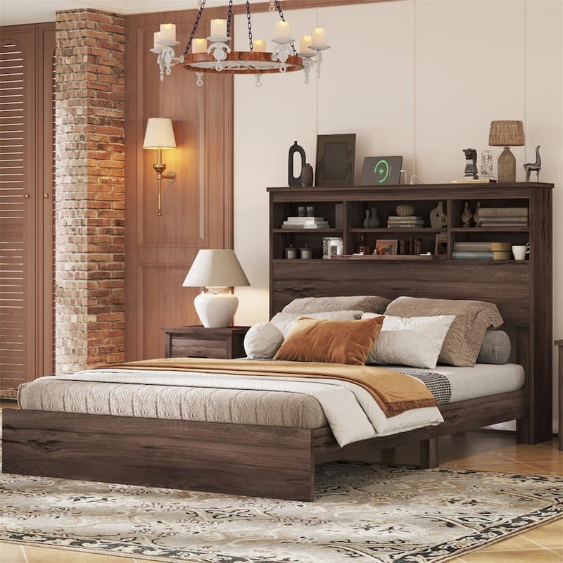 Queen Size Wood Platform Bed with Storage Headboard and USB Charging