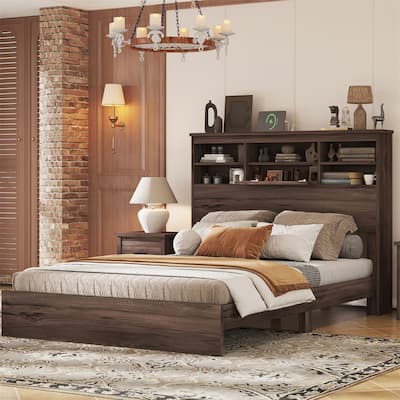 Queen Size Wooden Platform Bed with USB Charging Ports, Headboard