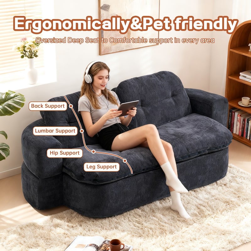 Modern 2-Seater Sofa Sofa Bed with Foldable Sofa Cushions and 2 Throw Pillows, for Living Room and Playroom