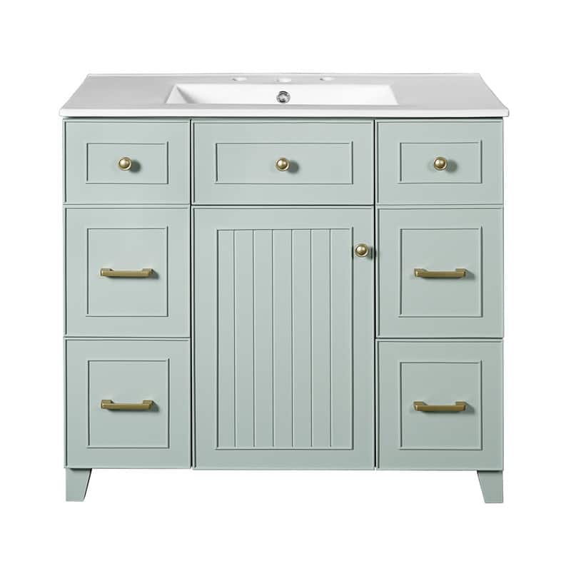 36" Green Bathroom Vanity with Ceramic Sink, Soft-Close Doors, Two Double-Layer & Two Standard Drawers, Adjustable Shelf‌