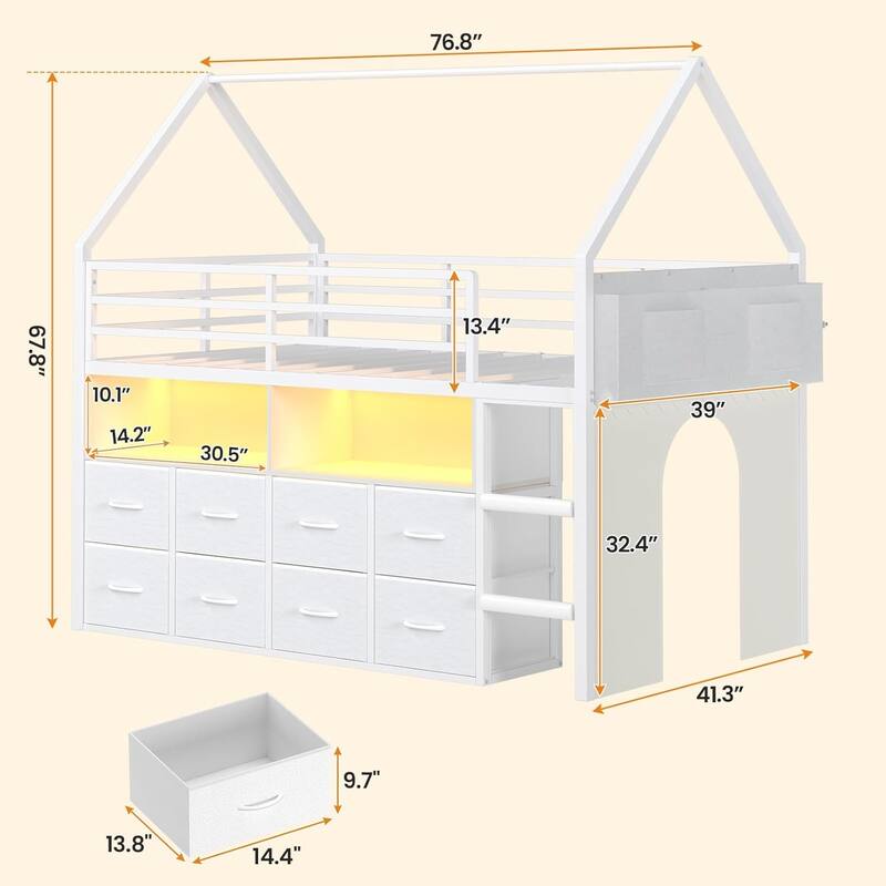 House Low Loft Bed Twin Size Storage Drawers Bookcase LED Lights