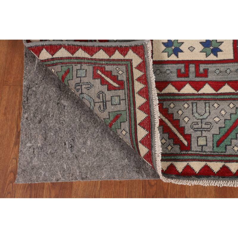Geometric Gray Kazak Oriental Area Rug Handmade Wool Carpet - 6'4" x 10'0"