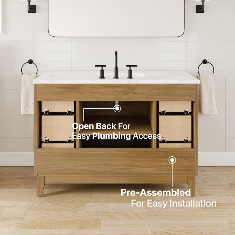 Graham 48"W Oak Bath Vanity with WH Arabescato Engineered Stone Top