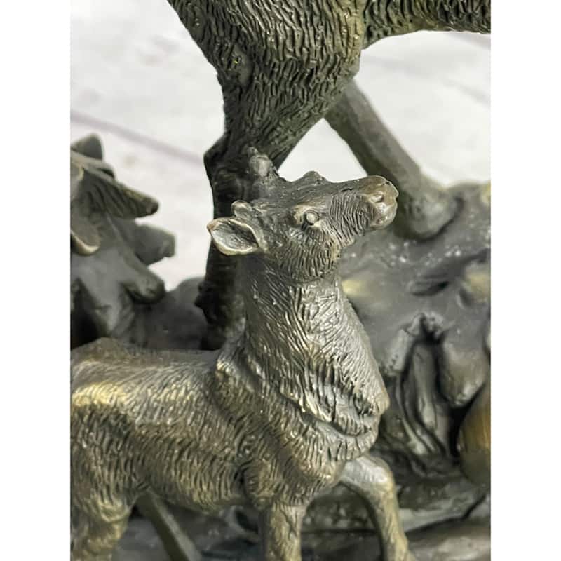 Signed Original Male Stag With His Baby Fawn Bronze Sculpture Marble Base Statue