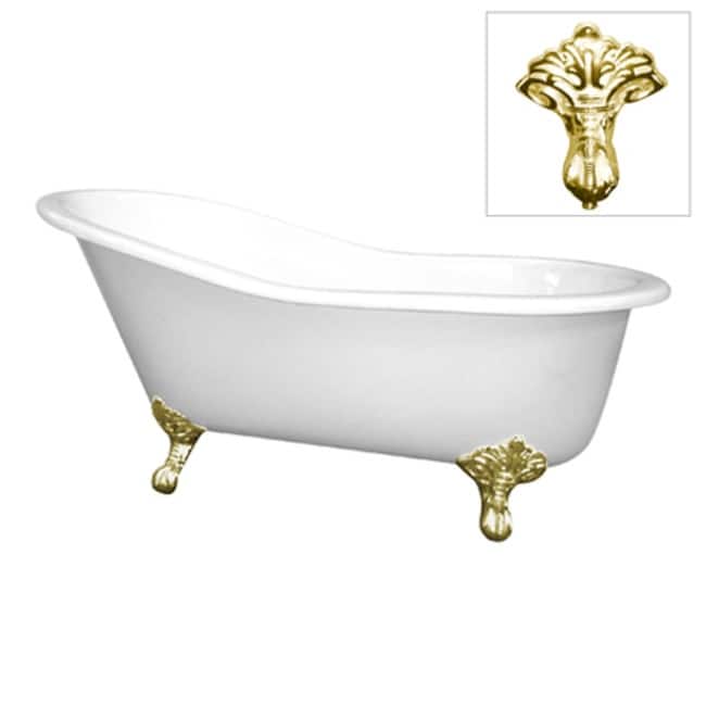 Kingston Brass Edwardian 61" Cast Iron Clawfoot Tub with Feet, Anti - White / Polished Brass Feet