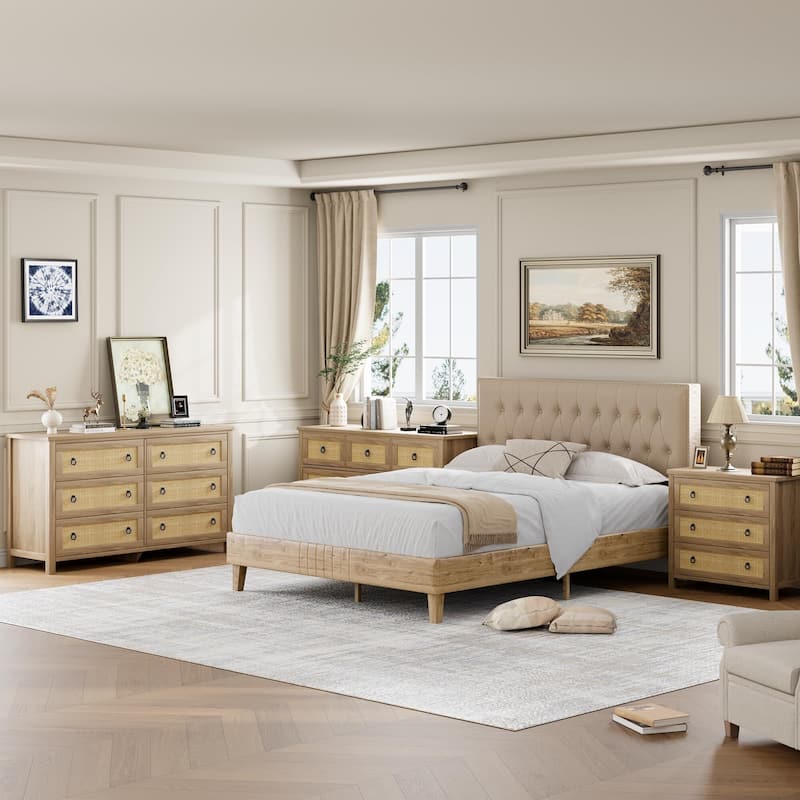 Boho Wide Drawer Dresser with Storage, Wooden Closet Dressers Chest of Drawers Freestanding for Bedroom