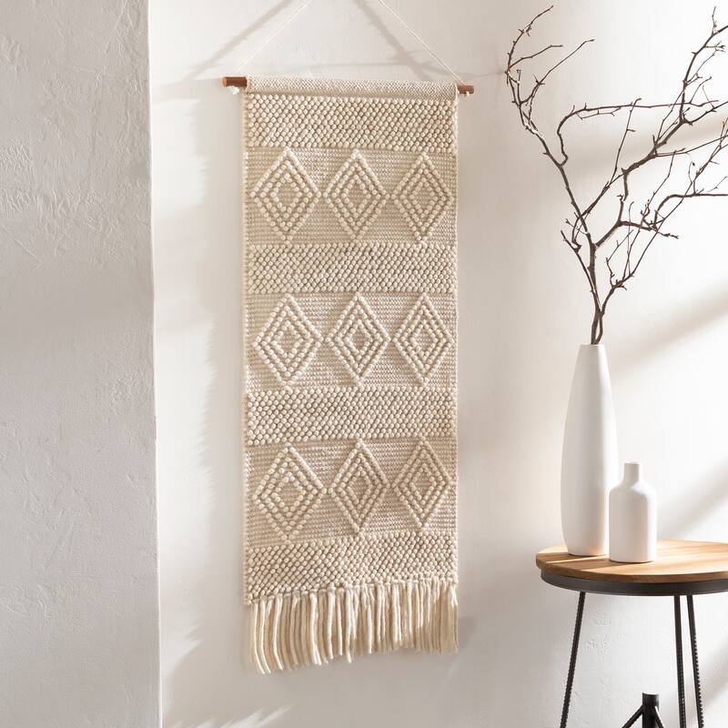 Livabliss Valerie Hand Woven Wool and Cotton Bohemian/Global Tapestry - 22" x 44" - White