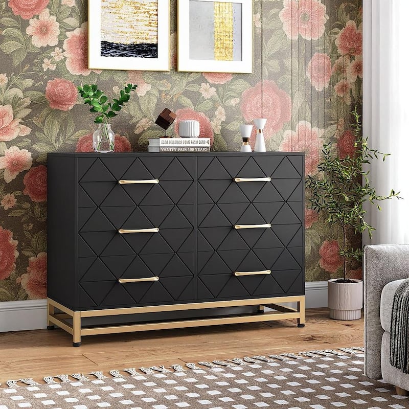 6 Drawer Wooden Dresser, with Metal Handle - Black