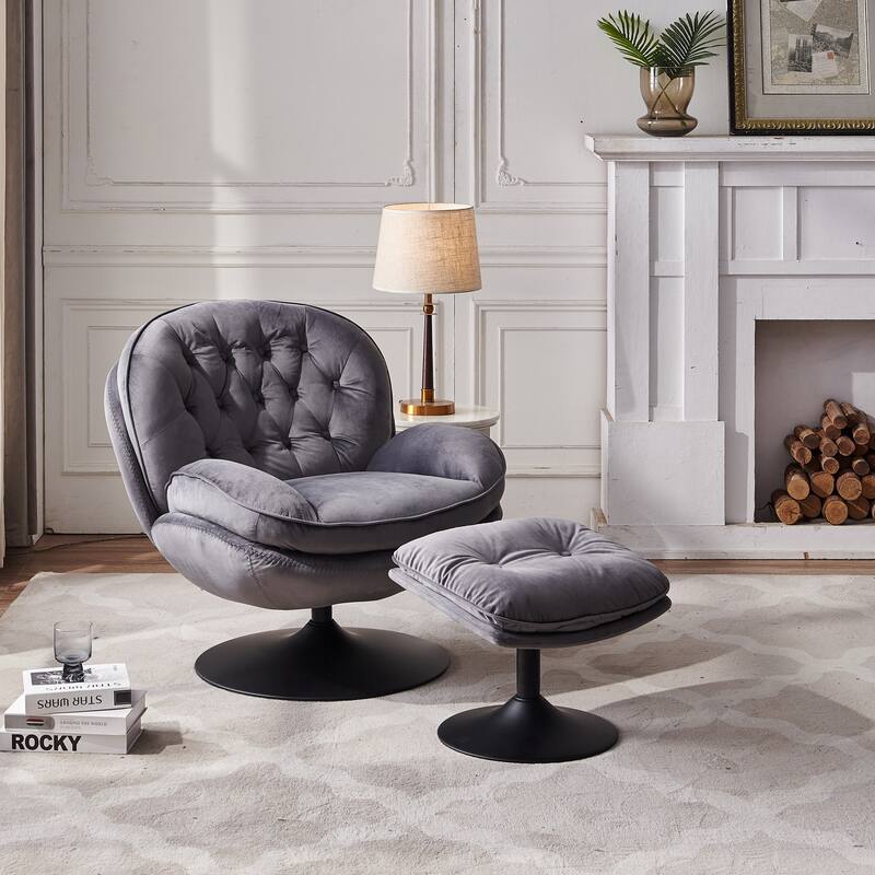 Swivel Leisure Chair Velvet Upholstered Lounge Chair Comfortable Deep Buttons Backrests Chair with Ottoman