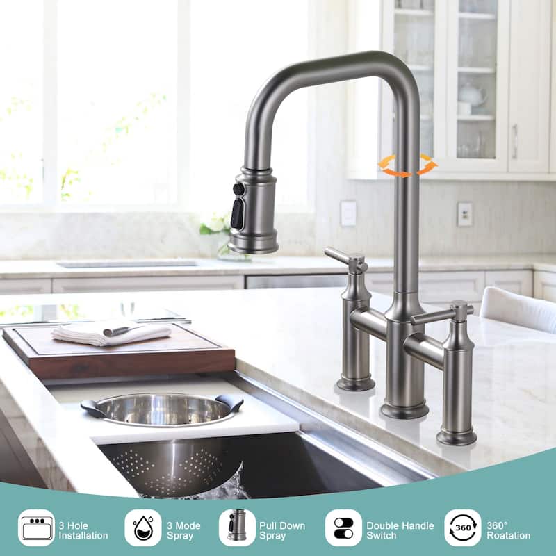 WOWOW Double Handle Bridge Kitchen Faucet with Advanced Spray