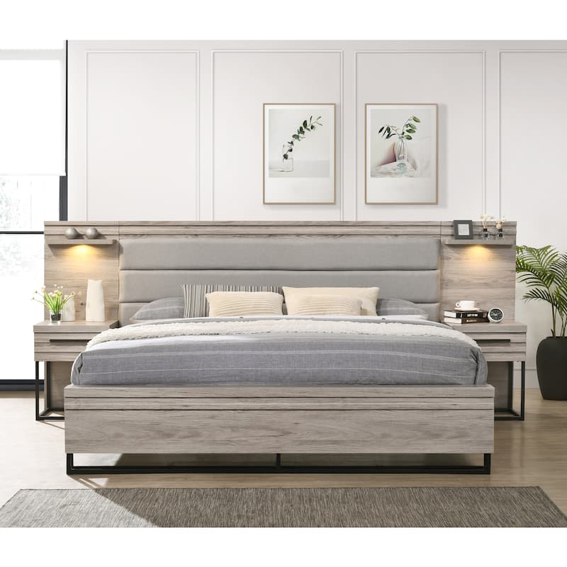Roundhill Furniture Alvear Wallbed Bed with White LED Lights, Dresser, Mirror, and 2 Nightstands, Weathered Gray