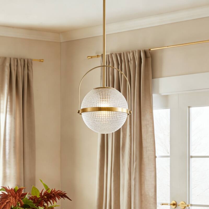 1-Light Modern Industrial Black Metal/Gold Pendant Light with Textured Glass Globe Shade for Kitchen Island Dining Room