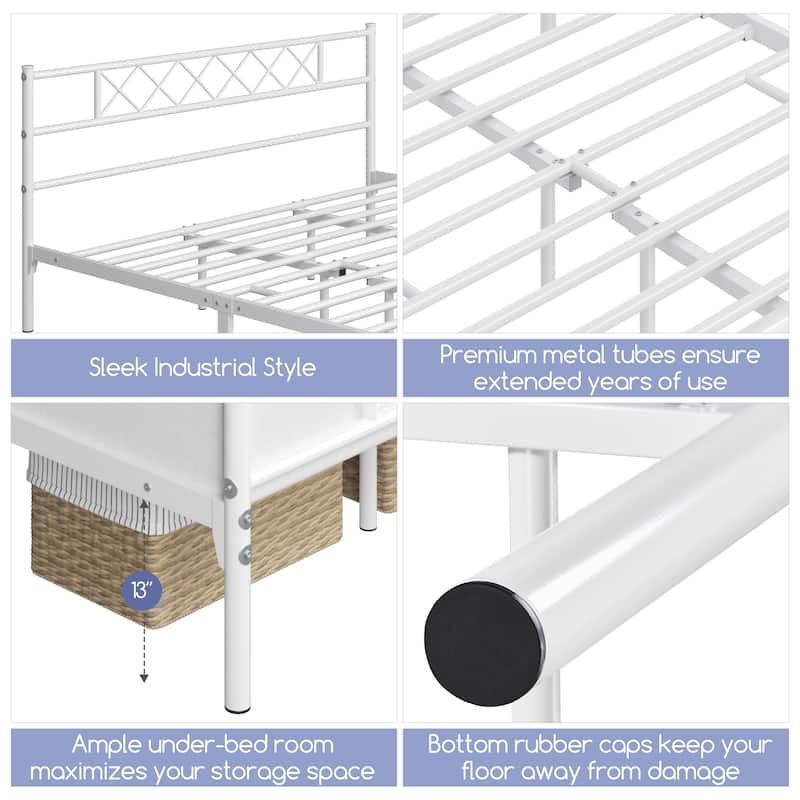 Yaheetech Metal Bed Frame Mattress Foundation with Slatted Bed Base, White