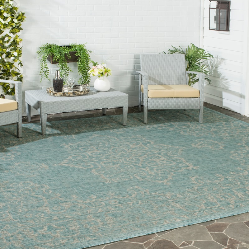 SAFAVIEH Courtyard Divna Medallion Indoor/ Outdoor Waterproof Patio Backyard - 8'x11' - Aqua/Grey