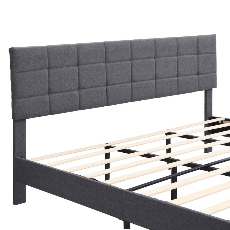 King Size Platform Bed Frame with Fabric Upholstered Headboard and Wooden Slats, No Box Spring Needed, Dark Grey