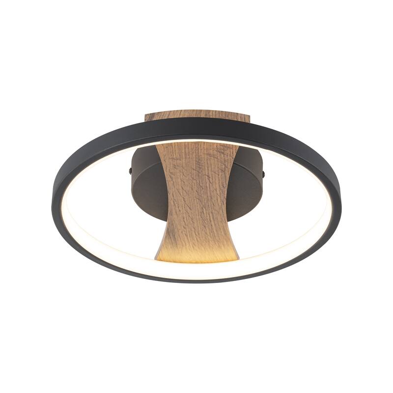 11.8 in. Modern Black Circle Round Wood Integrated LED Semi-Flush Mount Light - 11.8 in. W x 2.5 in. H