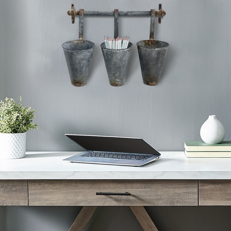 Antiqued Metal Wall Rack with 3 Hanging Tin Pots - Grey