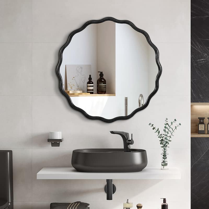 Solid Wood Wavy Mirror - 36x36 - Black
