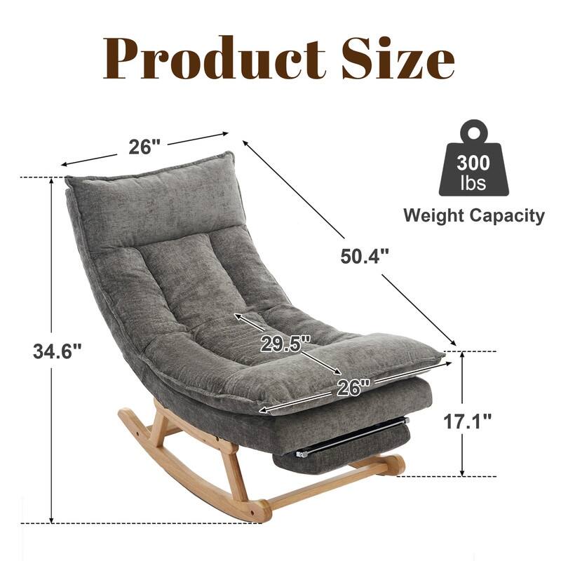 Fabric Upholstered Rocking Chair with Solid Wood Base and Hidden Footrest – Ergonomic Dual-Cushion Design