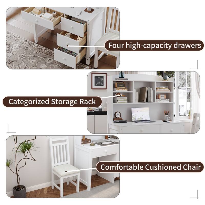 40" Home Executive Desk and Chair Set with 4 Drawers, Retro Computer Desk Office Table Study Desk with Storage Bookshelf