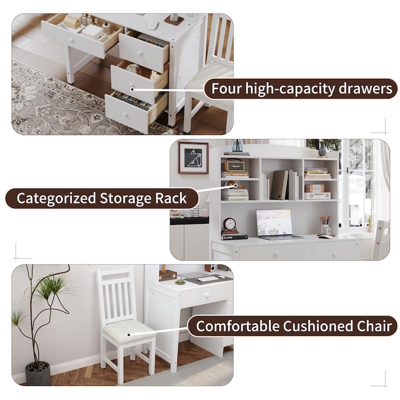 40"Home Executive Desk and Upholstered Chair Set with Bookshelf, Computer Desk with Four Drawers, Storage Shelf, and Chair