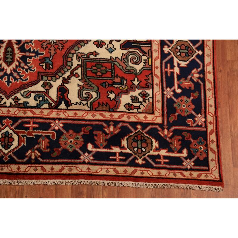 Orange Geometric Heriz Serapi Indian Area Rug Handmade Wool Carpet - 7'11"x 9'10"