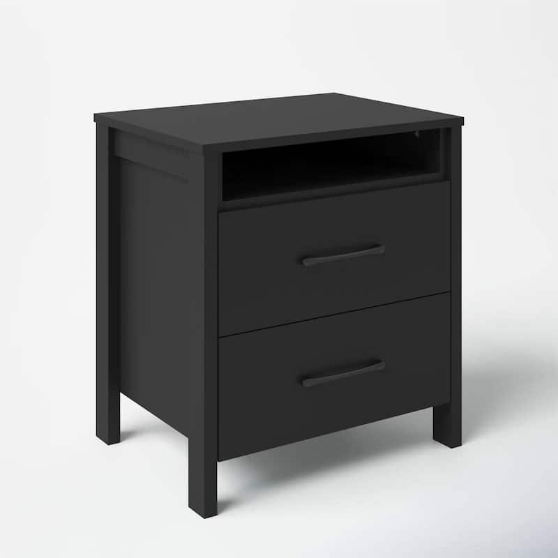 Modern 2-Drawer Bedside Table Nightstand with Shelf Wood Minimalist Bedroom Furniture - Black