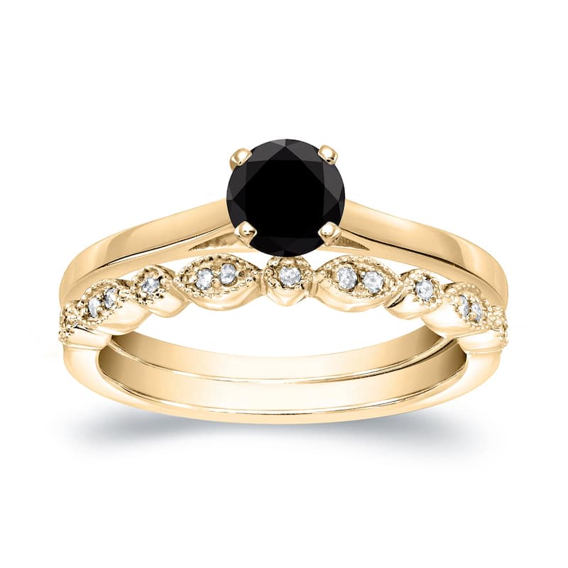 Auriya 14k Gold 1/2ctw Vintage Solitaire Black Diamond Engagement Ring Set - Yellow - 4.5