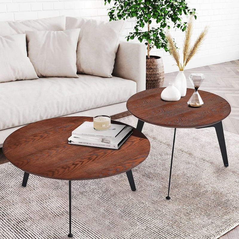 Brown Wooden Round Nesting Coffee Table Set of 2 for Living Room - Brown - Wood