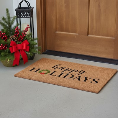 HomeRoots 24" X 36" Brown Black And Green Christmas Happy Holidays Outdoor Coir Door Mat - 24.00' X '36.00