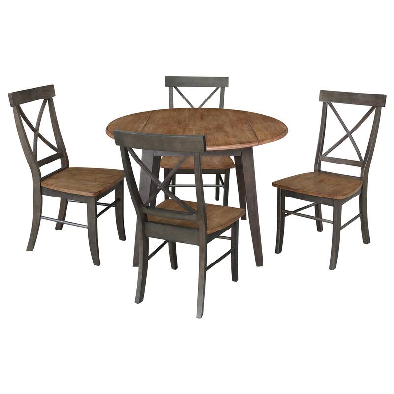 42" Solid Wood Round Dual Drop Leaf Table with 4 Dining Chairs - Hickory/Washed Coal