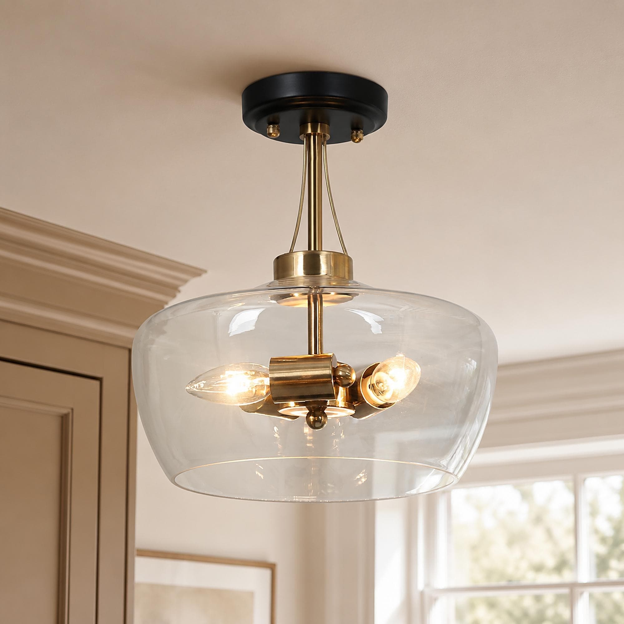 Zelena Modern Farmhouse 3-Light Black Gold Bowl Glass Semi-Flush Mount Kitchen Ceiling Light